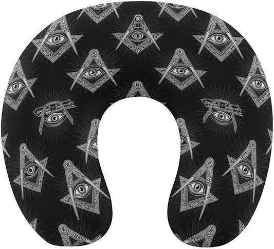 Funny Memory Foam Neck Pillow Travel U Shaped Cushion with Zip Cover, Chin Support for Airplane Car Office Home Nap, Freemasonry Freemason Eye Black
