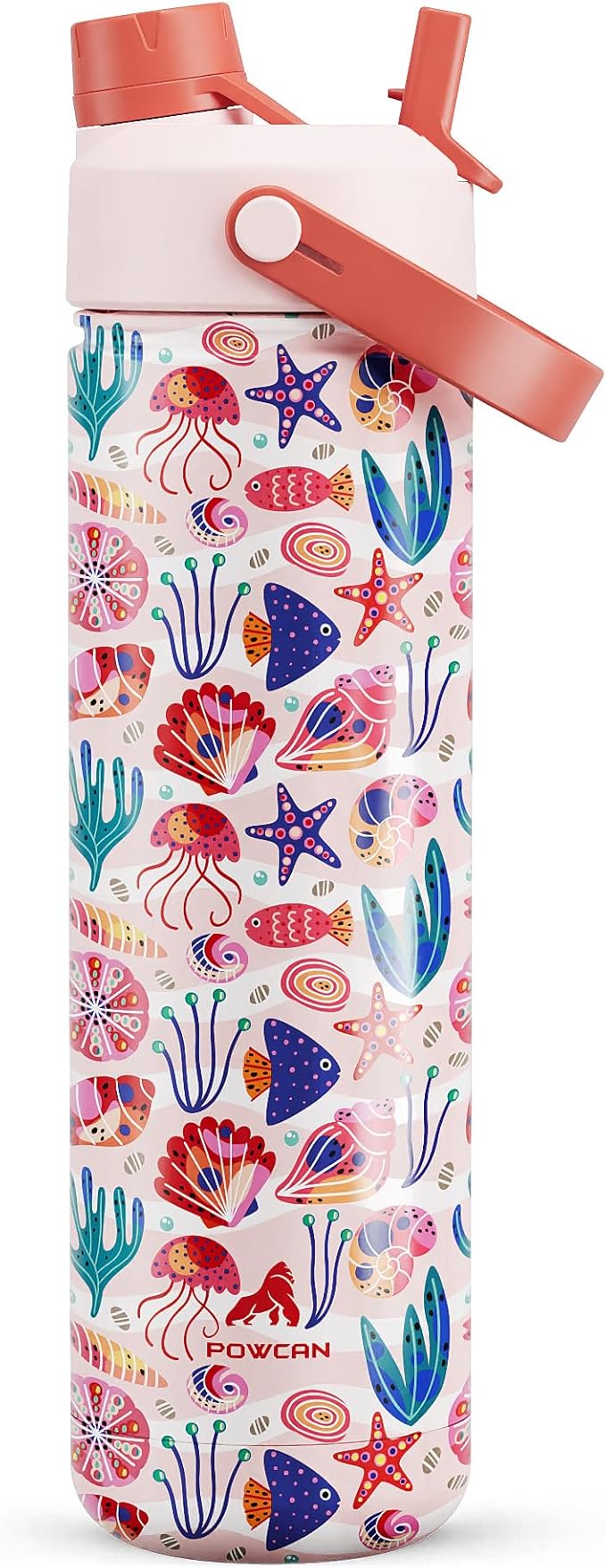 POWCAN 26 oz Insulated Water Bottle with 2-in-1 Straw and Spout Lid, Keep Cold 24H, Leak-Proof, Fits in Car Cup Holder, Stainless Steel Water Bottle for Sports, Travel, Gym and School (Ocean Carnival)