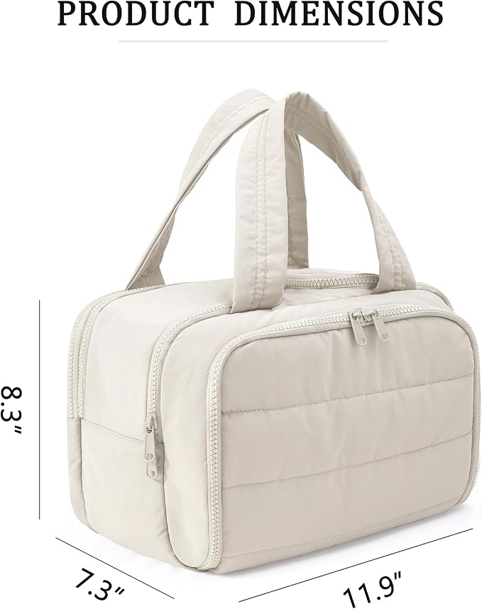 Travel Toiletry Bag for Women, Large Wide-open Puffy Cosmetic Makeup Bag with Wet-Dry Separation, Multi-Pocket Organizer with Carry Handle for Toiletries, Cosmetics, Essentials, Beige