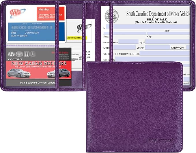 Wisdompro Small Car Registration and Insurance Documents Holder - Premium PU Leather Vehicle Glove Box Paperwork Wallet Case Organizer for ID, Driver's License, Key Contact Information Cards