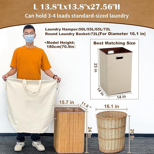 Canvas Laundry Bags with Handles & Square Base13.8"x 13.8", Large Heavy Duty Laundry Hamper Bag, College Dorm Washable Drawstring Cotton Dirty Clothes Sack (Beige,2 Pack)