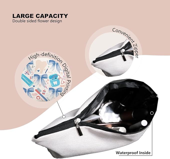 Smile Dental Care Makeup Bag, Cute Tooth & Bow Cosmetic Pouch for Dental Assistant Hygienist Dentist Gift for Women