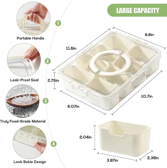 Snackle Box Container with Lid and Handle, Upgraded BPA-Free PP, Portable Divided Snack Tray for Travel, Picnic, Party, Camping, Beach, and Road Trips Large Size 11.8"x8.8" Clear and White