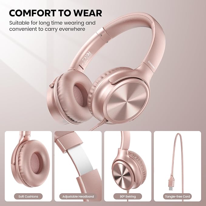 USB C Headphones Wired, Over Ear USB C Wired Headphones with Microphone, Volume Control, HD Stereo Sound, Foldable USB Type C Headphone for Adult/Teens/Laptop/Computer/iPhone 15/16 Series,Rose