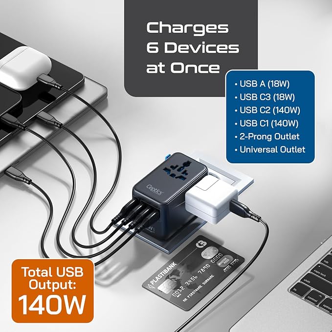 Ceptics 6 in 1 International Power Adapter with PD 140W USB-C, 1x USB-A, 3X Type C, Universal Input and 1x USA/JP Input with Type A, C, G, I Plug outlets for Global Travel – CE & RoHS Certified