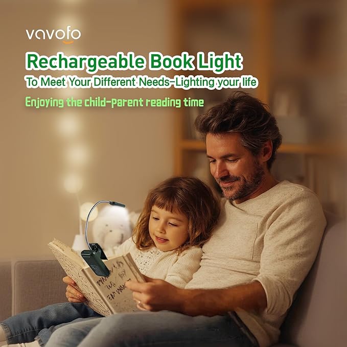 VAVOFO Rechargeable Book Light for Reading in Bed Kids, 7 LED Reading Light with 9-Level Warm Cool White Daylight, Eye Care Lamp with Power Indicator for Bookworms (Garden Green)