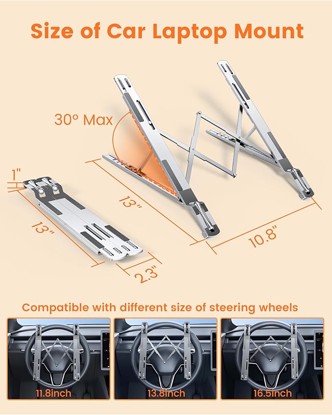 Steering Wheel Laptop Holder for Car SUV Pickup Truck Tesla Vehicle Workstation, Adjustable Foldable Portable iPad Tablet Laptop Stand for Desk, Tiktok Car Travel Essentials 2025 -Silver