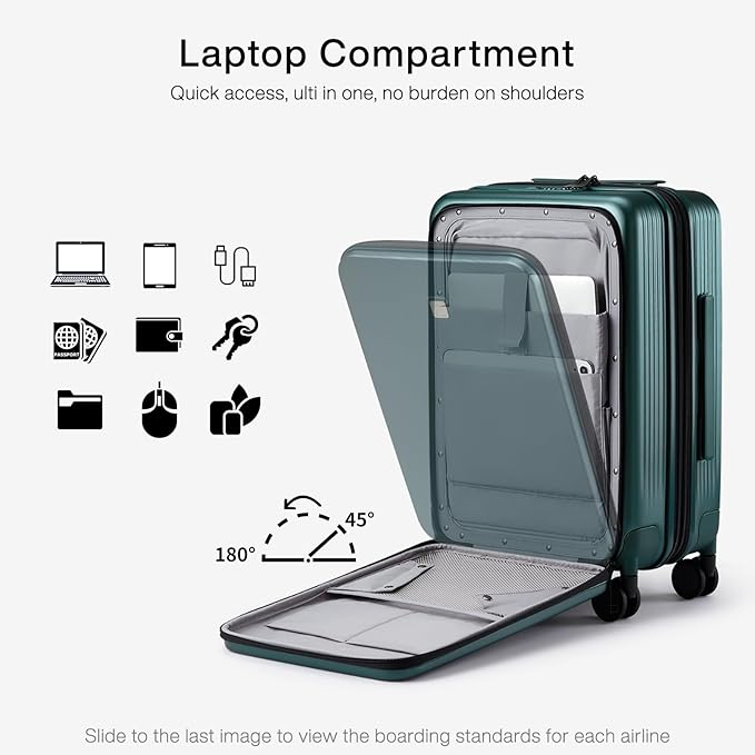 Hanke Grace Expandable Carry On Luggage with Wheels Airline Approved Hard Shell Suitcases with Front Pocket，Top Opening Luggage with TSA Lock for Short Business Travel, Blackish Green.