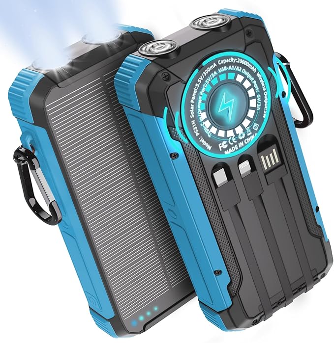 Solar Charger Power Bank 20,000mAh Portable Wireless Charger, Fast Charging External Battery Bank with 6 Outputs for Cell Phones,Portable Solar Panel with Dual Flashlight for Camping