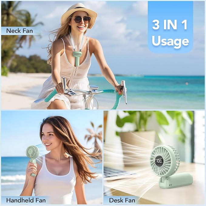 PANERGY Portable Handheld Fan, 5000mAh Rechargeable, 14H Max Cooling Time, 4 Gear Wind & LED Display, 90° Foldable Design, 3-IN-1 Mini Fan for Travel Working Concerts Makeup - Green