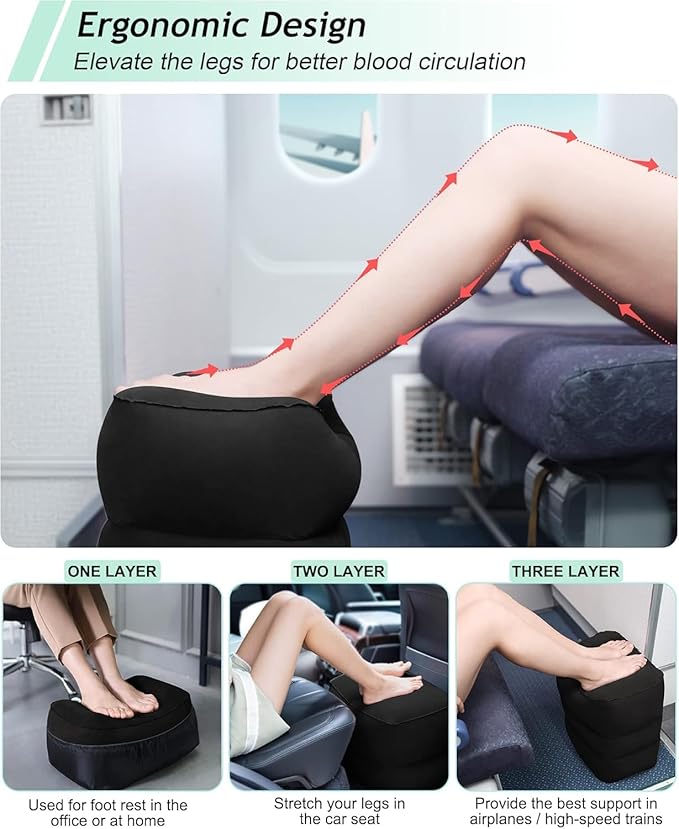 JefDiee Inflatable Travel Foot Rest Pillow, Kids Airplane Bed, Adjustable 3 Layers Height Leg Rest Pillow, Adults Travel Essentials Great for Airplane, Office, Home, Trains, Cars (Black)