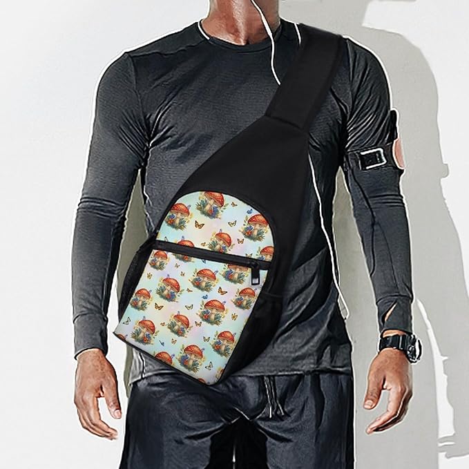 SWEET TANG Fashion Sling Backpack, Lightweight Sling Shoulder Bag, Outdoor Chest Crossbody Bike Gym Runner Daypack with Adjustable Strap for Men Women, Red Mushrooms Butterfly Art