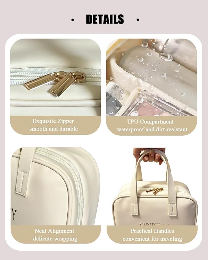 Travel Makeup Bag Skin-feel Leather, Large Capacity Cosmetic case for Women, Waterproof Portable Make up Organizer with Divider and Handle for Toiletries, Beauty Essentials (Beige)