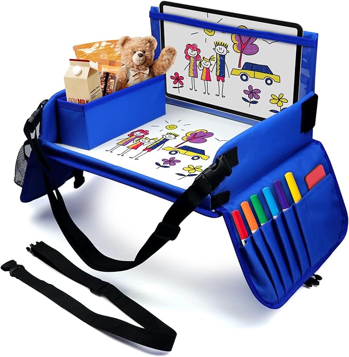 Julaiwy Travel Tray for Kids, Carseat Table Tray for Road Trip Activities, Toddler Lap Desk Organizer for Airplane - Blue