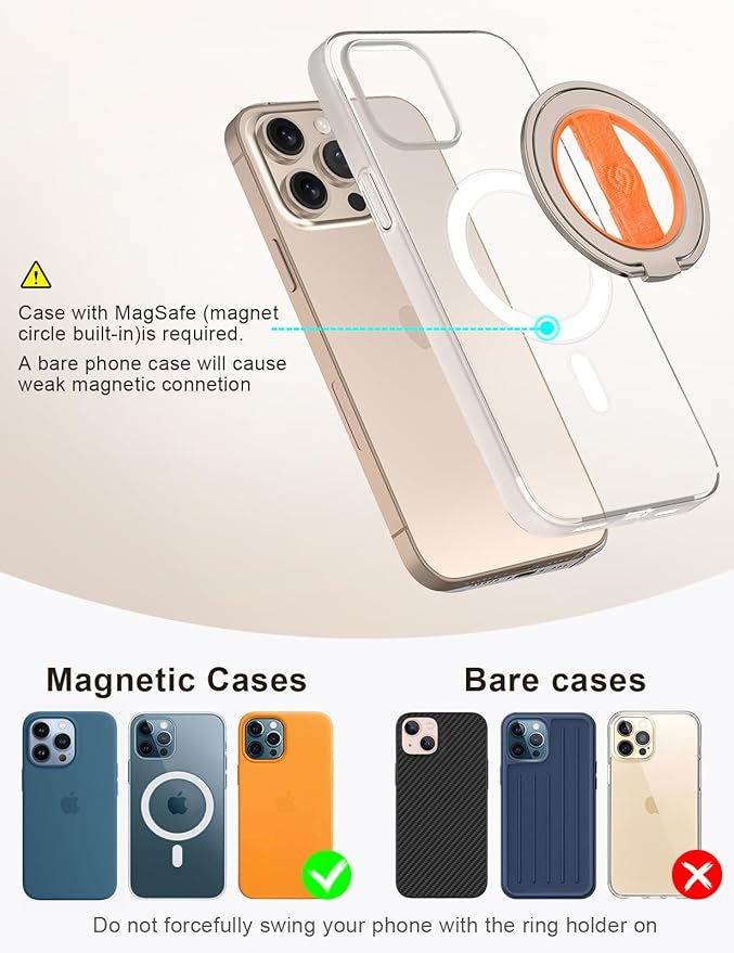 EWA MagOne 3rd Gen [Compatible with MagSafe] Phone Grip Stand with Finger Strap, Removable Magnetic Ring Holder Kickstand Loop for iPhone 16,15, 14, 13, 12 Series-(Gold-Orange)