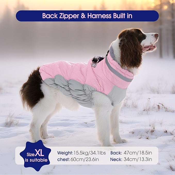 FUAMEY Dog Coat for Small Dogs,Waterproof Dog Winter Jacket with Harness Built in Puppy Cold Weather Coats Reflective Pet Vest with Zipper Warm Fleece Dogs Snowsuit Windproof Pink XS