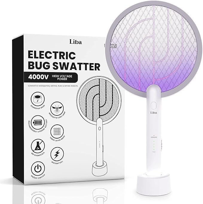 LiBa Electric Fly Swatter Racket, 2 in 1 Electric Bug Zapper USB Rechargeable, 4000V Indoor Outdoor Mosquitoes Zapper with 5 Layer Safety Mesh, Cordless Insect Killer Trap Home Office Camping Patio