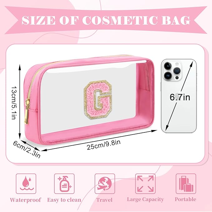 Personalized Initial Letter Clear Makeup Bag,Preppy Small Nylon&PVC Cosmetic Zipper Bag with Chenille Letter,Portable Beach Travel Skincare Toiletry Bag,Trendy Monogram Gift for Teen Girls Women,G