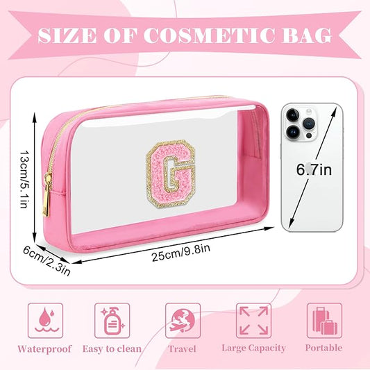 Personalized Initial Letter Clear Makeup Bag,Preppy Small Nylon&PVC Cosmetic Zipper Bag with Chenille Letter,Portable Beach Travel Skincare Toiletry Bag,Trendy Monogram Gift for Teen Girls Women,G