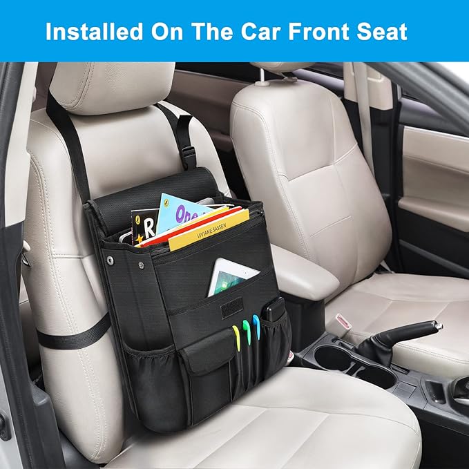 Car Front Seat Organizer| Efficient Car Organizers and Storage | Laptop,Tablet Pockets, Adjustable Straps,Kid-Friendly, Multi-Pocket, Cup Holders, Sturdy and Durable, Black