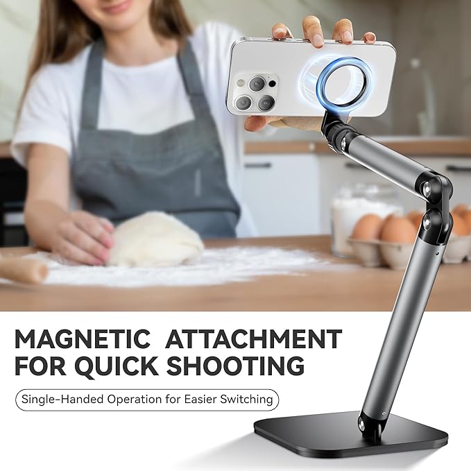 Phone Holder for Desk, with Magnetic Design, Tablet Stand for iPad, with Heavy Duty Metal Base, Desktop Stand Holder with 360° Rotation, Height & Angle Adjustable, for Video Calls, Vlog Recording