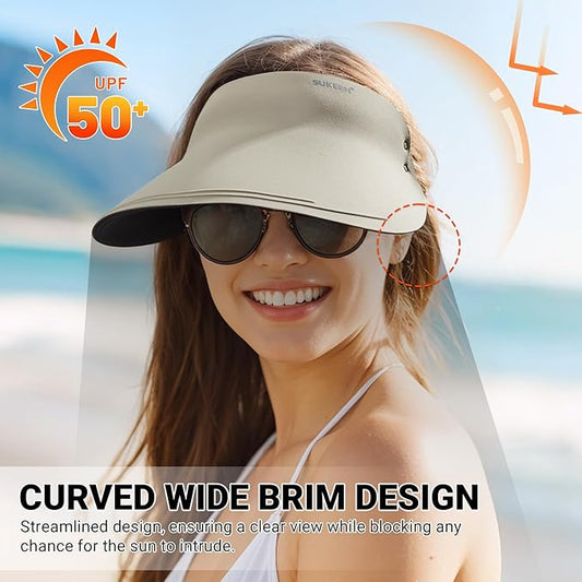 Sukeen Wide Brim Sun Visor Hat for Women Men,UPF50+ Seamless Sun Hats Foldable Ponytail Beach Hats for Daily Outdoor Sport