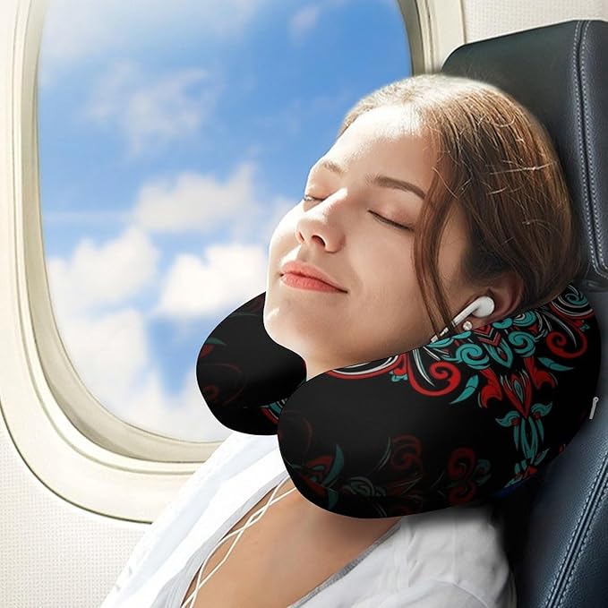 Memory Foam Travel Pillow Grunge Mexican Sugar Skulls Day of The Dead Dragon Totem, Breathable Chin Head Support, Washable Zip Cover for Airplane Car Office Pain Relief