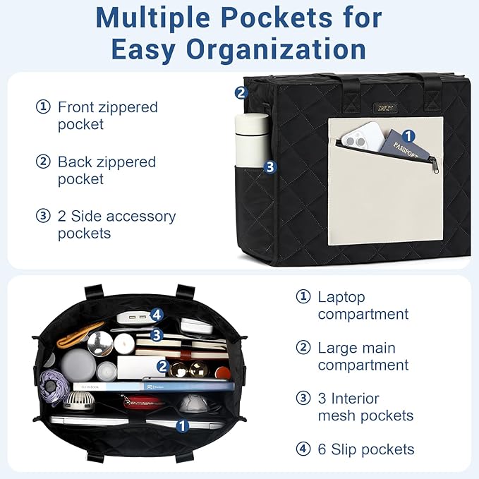 IBFUN Utility Tote Bag with 14/24 Pockets Zip Top Teacher Tote Bag for Teacher/Work Women