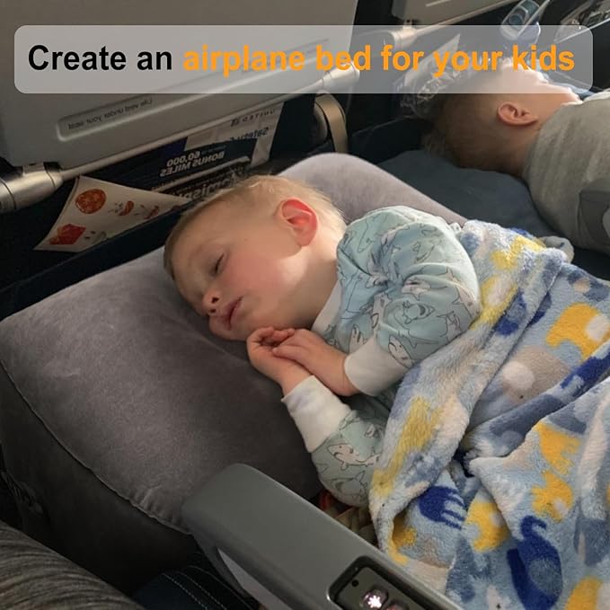 Inflatable Travel Foot Rest Pillow, Kids Airplane Bed, Adjustable Height Leg Pillow, Make a Flat Bed for Toddler, Fits for Airplane, Car（Grey, 2 Pack）