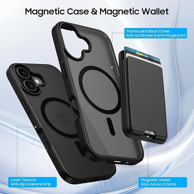 Ntwinro Magnetic for iPhone 17 Case (Compatible with MagSafe) with Detachable Wallet & Card Holder for 3 Cards [RFID Blocking] Military Grade Protective Slim Phone Cover, Black
