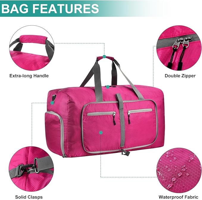 Dimayar Travel Duffle Bag for Men Women - Foldable Duffel Bag with Shoes Compartment - Overnight Bags Waterproof & Tear Resistant(115L,Fuchsine)