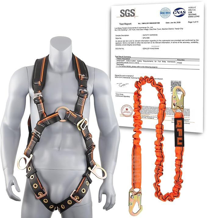 QFU Full Body Safety Harness & Fall Protection Kit with Padded Straps, ANSI Compliant, Includes Shock-Absorbing Lanyard for Roofing, Construction and Industrial Use