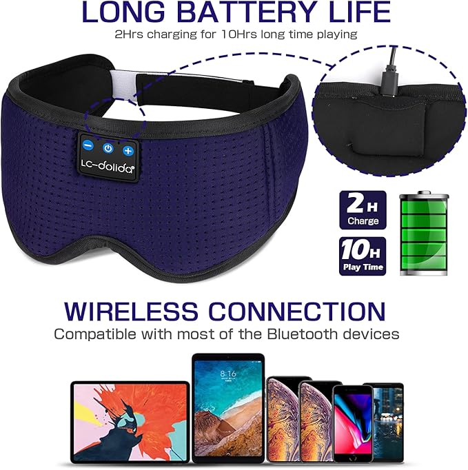 LC-dolida Sleep Headphones, Sleep Mask Bluetooth Wireless Music Eye Mask, Sleeping Headphones for Side Sleepers Sleep Mask with Bluetooth Headphones Ultra-Thin Stereo Speakers Perfect for Sleeping