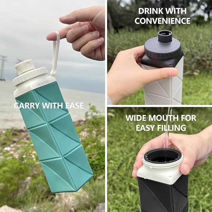 Collapsible Water Bottles, Silicone Foldable Water Bottle 610ml, BPA-Free Portable Reusable Leakproof Bottle for Gym Travel Camping Hiking Sports Outdoor, 1 Pack (Pink)