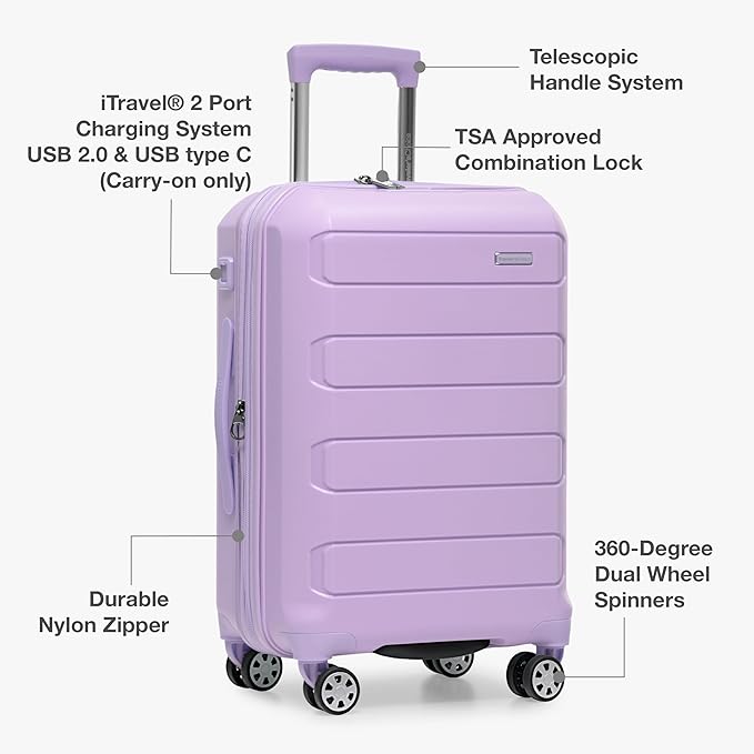 Traveler's Choice Pagosa Indestructible Hardshell Expandable Spinner Luggage, Lavender, 2-Piece Set (22/26)