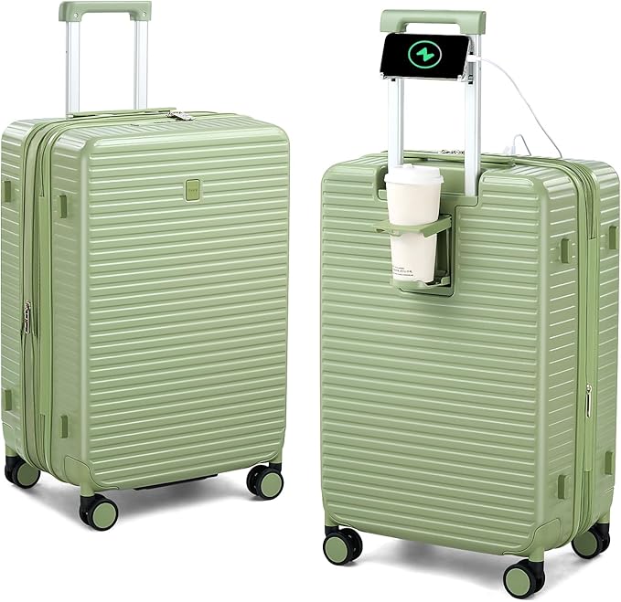 Hard Shell Suitcases Travel Expandable Luggage, 24 Inch Check in Luggage with Spinner Wheels Cup Holder Charger Built in, Checked Medium Suitcase Lightweight Suitcases, Bamboo Green