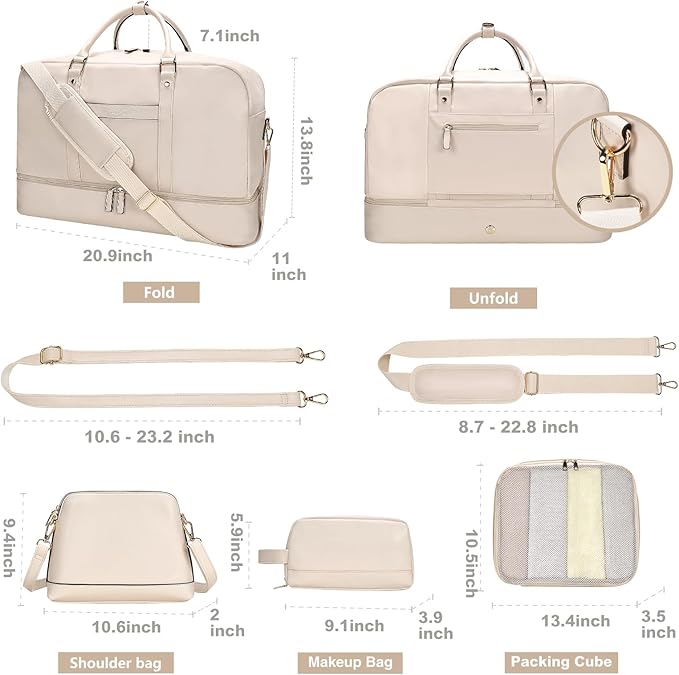 4PCS Leather Duffle Bags, Weekender Bag for Women Men, Large Travel Duffel-Overnight Bag with Toiletry, Makeup, Shoulder Bag, Faux Leather Carry On with Shoe Compartment (White)