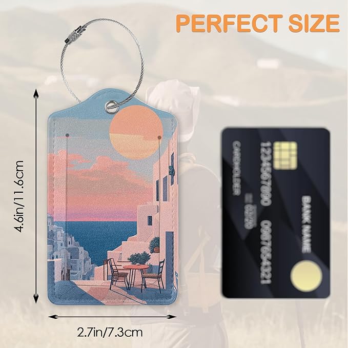 Vintage Sunset Light 3 PCS Luggage Tags, Sunset Seaside Town Leather Suitcase Tags with Privacy Cover Name Address Labels and Durable Steel Loop for Men/Women Travel Bag Suitcases