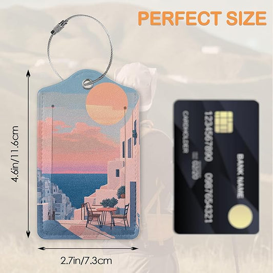 Vintage Sunset Light 3 PCS Luggage Tags, Sunset Seaside Town Leather Suitcase Tags with Privacy Cover Name Address Labels and Durable Steel Loop for Men/Women Travel Bag Suitcases