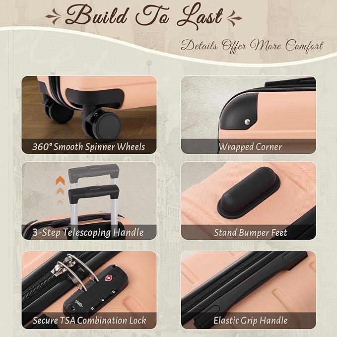 TAKUMI Carry On Luggage Set 3 Piece ABS+PC Hardshell Suitcases with Duffel Bag Double Spinner Wheels Travel Luggage with TSA Lock Lightweight Suitcase Set(PINK, 3 PIECE SET(20/DB/TB))