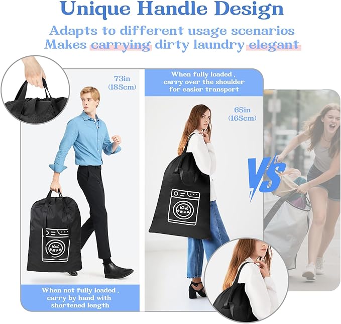 MissBoy Heavy Duty Laundry Bag, Machine Washable Nylon, Splash-Resistant Dirty Clothes Storage Bag with Drawstring & Handles丨Lightweight, Foldable & Space-Saving for College Dorm,Vacations&Trips, 80L