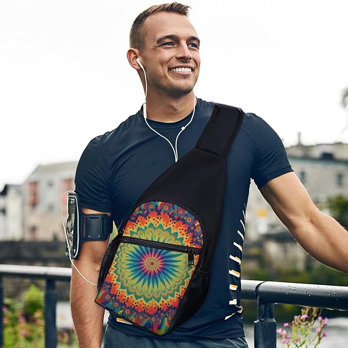 SWEET TANG Men and Women Sling Bag Chest Daypack, Trippy Tie Dye Mandala Colorful Shoulder Backpack Crossbody for Hiking Camping Running, Casual and Large Capacity Anti Theft Rucksack