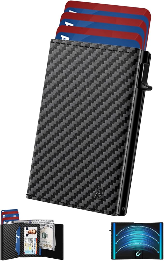 Mens Wallet Card Holder - Pop Up Aluminum Case, Flexible Carbon Fiber Leather, Smart Wallet for Men, RFID Blocking, Slim, Minimalist, Front Pocket - 9-14 Card Capacity | ID Window | Cash Slot