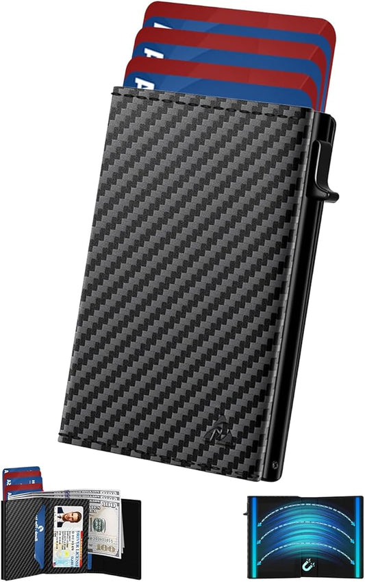 Mens Wallet Card Holder - Pop Up Aluminum Case, Flexible Carbon Fiber Leather, Smart Wallet for Men, RFID Blocking, Slim, Minimalist, Front Pocket - 9-14 Card Capacity | ID Window | Cash Slot