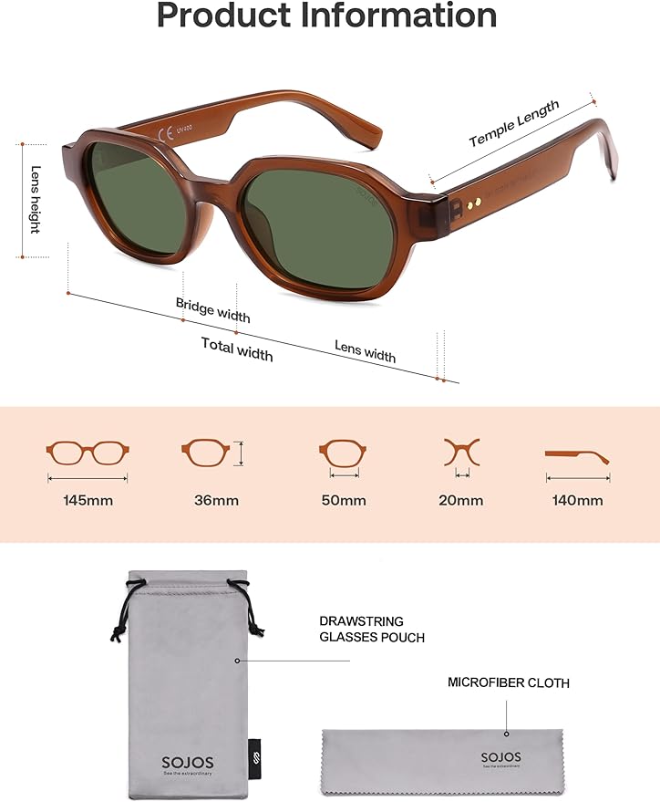 SOJOS Retro Polarized Hexagon Sunglasses for Women Men, UV400 Trendy Rectangle 70s 80s 90s Shades SJ2389