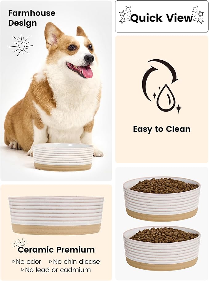 Ceramic Dog Bowls, 4 Cups Food and Water Bowl for Puppy, Small & Medium Sized Dogs, Cute Dog Dish, Easy to Clean, Vanilla White
