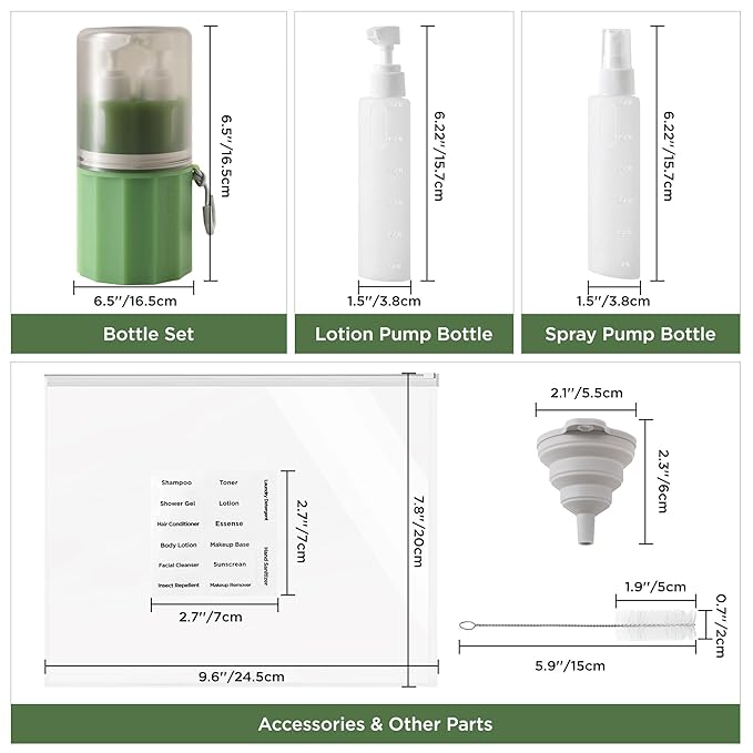 4-in-1 Travel Bottles for Toiletries, TSA Approved Travel Size Toiletries, Leak Proof Refillable Travel Size Shampoo and Conditioner Sets with Wall-Mountable Suction Cup, Green