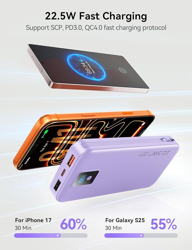 Portable Charger, 12000mAh 22.5W Fast Charging Power Bank with Built-in Cables & Wall Plug, Travel Essential Battery Pack with LED Display, USB C Battery Phone Charger for iPhone, iPad, Samsung Purple