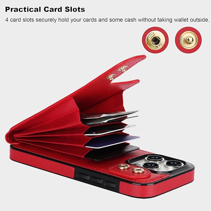 Folosu Compatible with iPhone 15 Pro Case Wallet with Card Holder, 360°Rotation Finger Ring Holder Kickstand, RFID Blocking Leather Protective Double Buttons Shockproof Cover 6.1 Inch Red