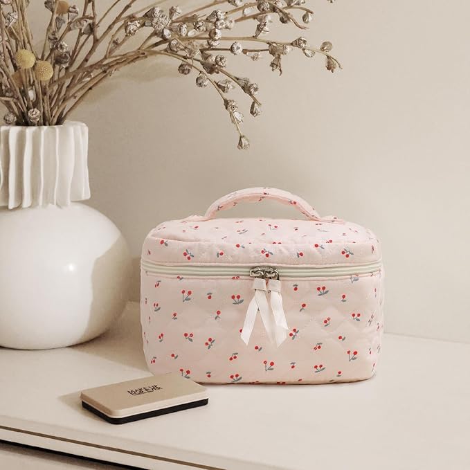Prite Large Cosmetic Bags for Women Cute Makeup Bag Floral Coquette Aesthetic Toiletry Bag Travel Make Up Organizer Bag (Cherry)
